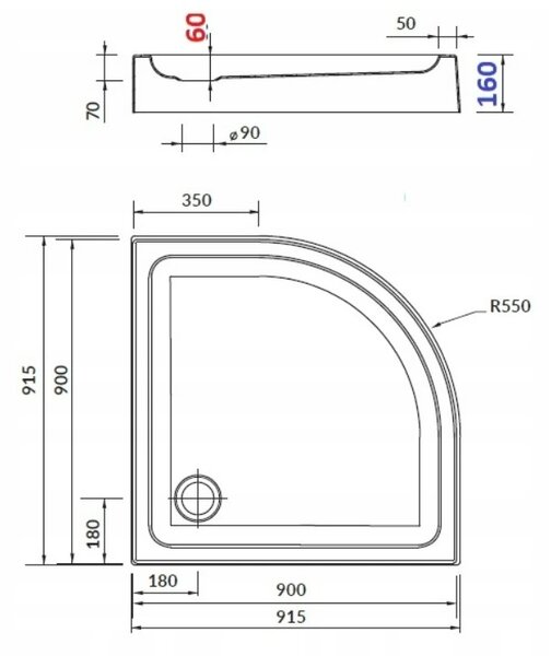 Cersanit Basic+Tako, cabină de duș sfert 90x90x185 cm + cadă de duș 90x16cm, alb, S601-118