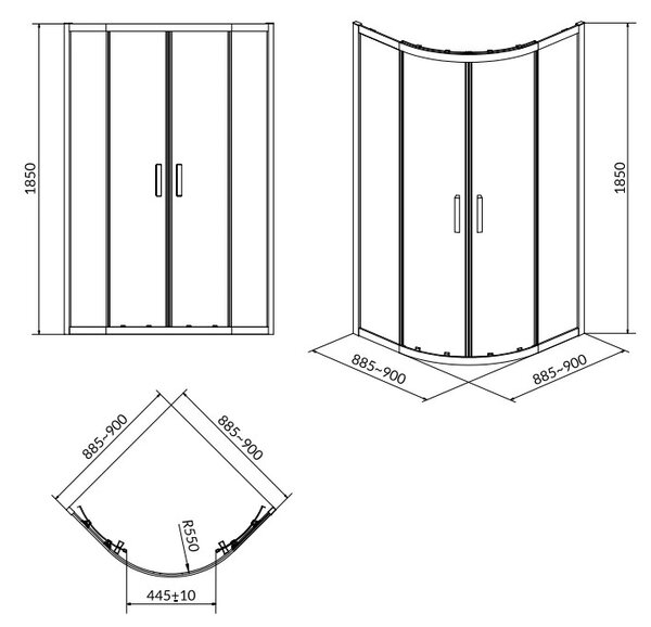 Cersanit Basic+Tako, cabină de duș sfert 90x90x185 cm + cadă de duș 90x16cm, alb, S601-118