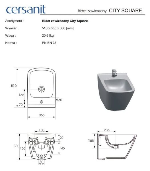 Cersanit City Square - bideu WC suspendat, K35-045