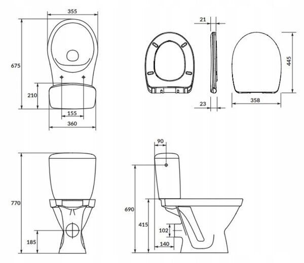 Cersanit Cersania SimpleOn 010 - WC combi 3/6l + scaun cu inchidere lenta din duroplast, deșeuri orizontale, alb, K11-2337