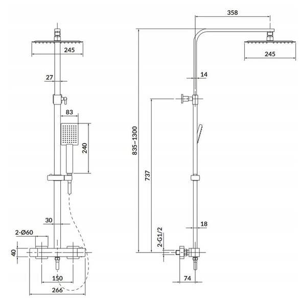 Cersanit City, baterie de dus termostatica + set de dus cu cabina de dus cu efect de ploaie si dus de mana, crom, S951-341