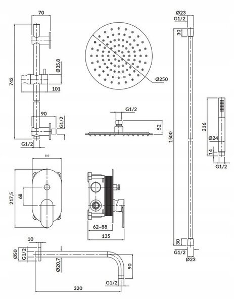 Cersanit Crea - set B258 set de dus ascuns, negru, S952-009