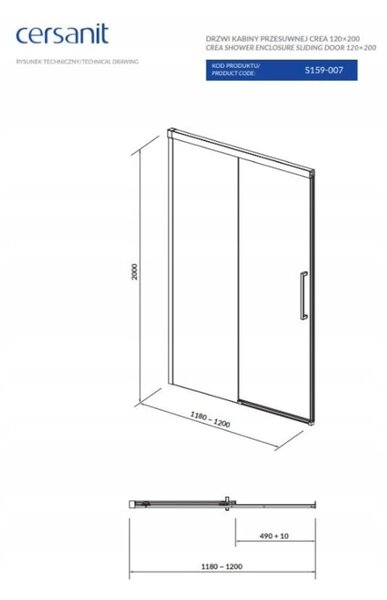 Cersanit Crea, usa culisanta pentru deschidere 120x200 cm, sticla transparenta 8mm, profil cromat, S159-007