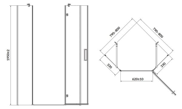 Cersanit Jota, cabina de dus 5 colturi 80x80x195 cm, usa dreapta, sticla transparenta 6 mm, profil negru, S160-011