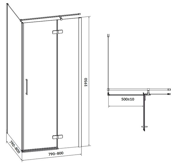 Cersanit Jota, cabina de dus coltar 80 (usa dreapta) x 80 (perete) x 195 cm, sticla transparenta 6 mm, profil negru, S160-008