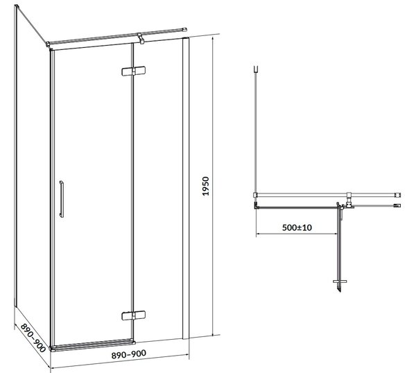 Cersanit Jota, cabina de dus coltar 90 (usa dreapta) x 90 (perete) x 195 cm, sticla transparenta 6 mm, profil negru, S160-004