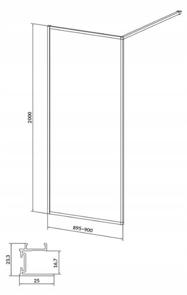 Cersanit Larga, Paravan de dus Walk-In 90x200 cm, sticla transparenta 8mm, profil negru, S932-138