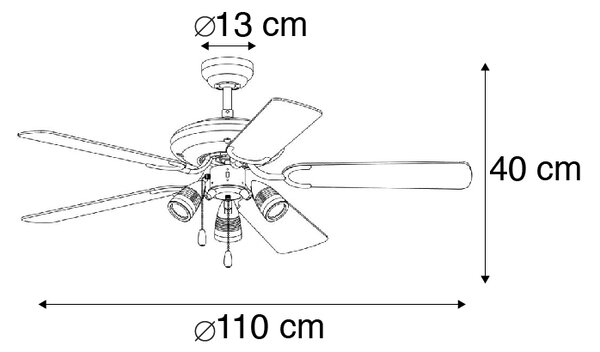 Ventilator de tavan modern din oțel 110cm cu 3 lumini cu șnur - Mistral
