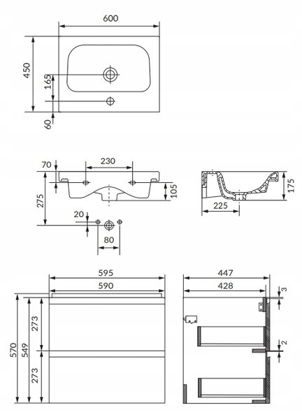 Cersanit Moduo SET, dulap suspendat 60x45x57 cm + chiuveta 60 cm, antracit mat, S801-472-DSM