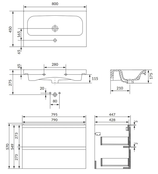 Cersanit Moduo SET, dulap suspendat 80x45x57 cm + chiuveta 80 cm, antracit mat, S801-473-DSM
