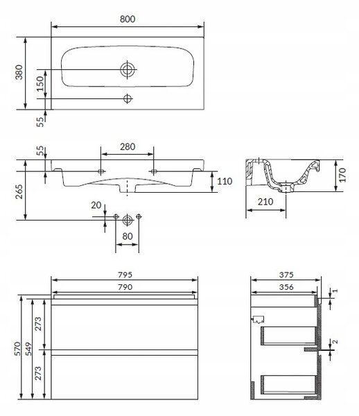 Cersanit Moduo Slim SET, dulap suspendat 80x38x62 cm + chiuveta 80 cm, antracit mat, S801-468-DSM