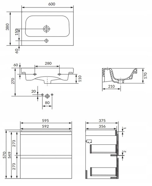 Cersanit Moduo Slim SET, dulap suspendat 60x35x62 cm + chiuveta 60 cm, antracit mat, S801-469-DSM