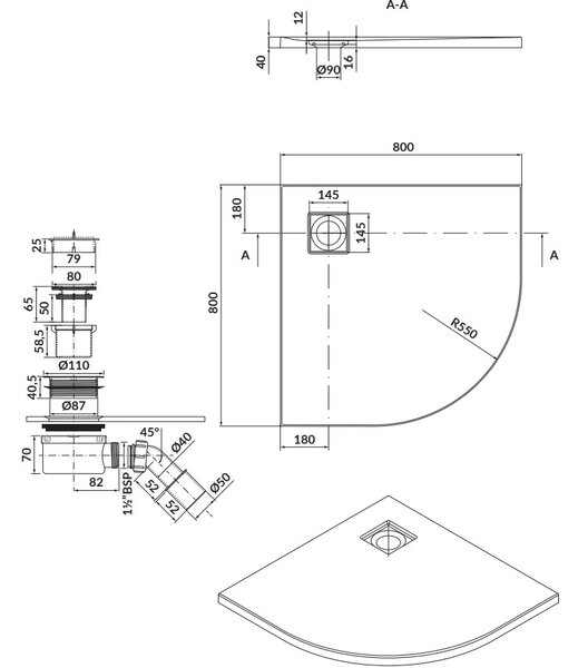 Cersanit Tako Slim, cadă de duș pătrată 80x80x4 cm + sifon alb, alb mat, S932-155