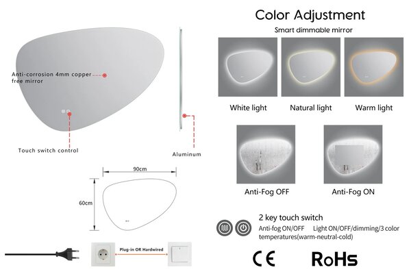 Erga Amelia, oglinda LED asimetrica 90x60 cm, 1955 lm, 6500K, retroiluminare, ERG-V01-407-9060-00