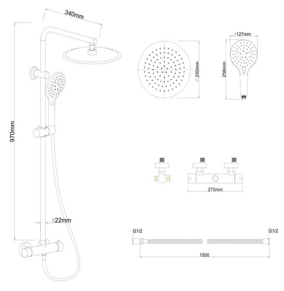 Erga Bergen Therm, set de dus cu robinet termostatic si cap de ploaie 25 cm, negru mat, ERG-YKA-BP.BERGEN-THERM-25-BLK