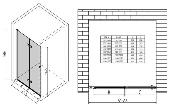 Erga Berlin, usa de dus plianta in deschidere 120x195 cm, sticla transparenta de 6 mm, profil negru, ERG-V02-BERLIN-D120-BK