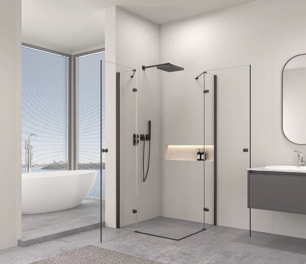 Erga Bern Double, cabină de duș cu uși cu 2 aripi 70 (uşă) x 70 (uşă) x 195 cm, sticlă transparentă de 6 mm, profil negru, ERG-V02-BERN-D070D070-CL-BK
