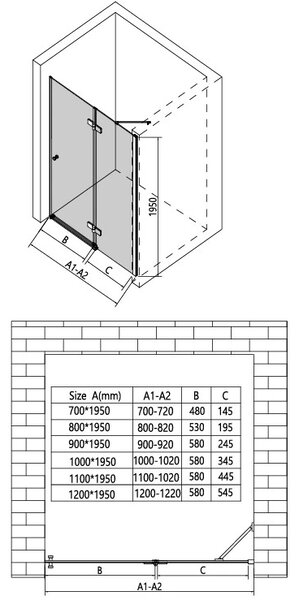 Erga Bern, usa de dus despicata cu 1 canat pentru deschidere 70x195 cm, sticla transparenta 6 mm, profil negru, ERG-V02-BERN-D070-BK