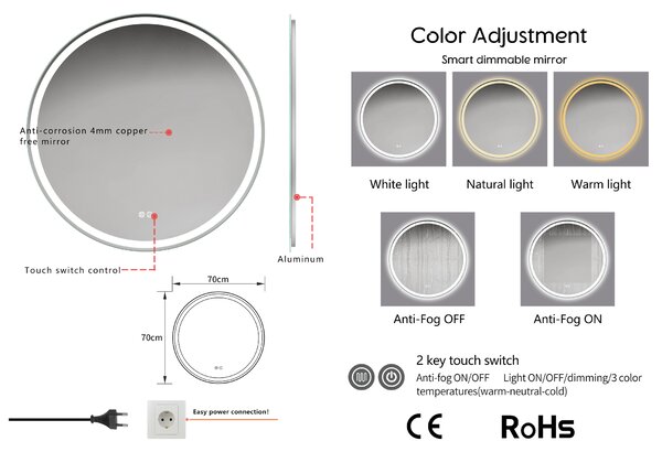 Erga Carla, oglinda LED rotunda 70cm, 1610 lm, 3 culori de lumina, ERG-V01-208-7070
