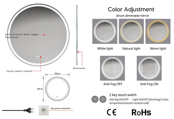 Erga Carla, oglinda rotunda LED 90cm, 2070 lm, 3 culori de lumina, ERG-V01-208-9090