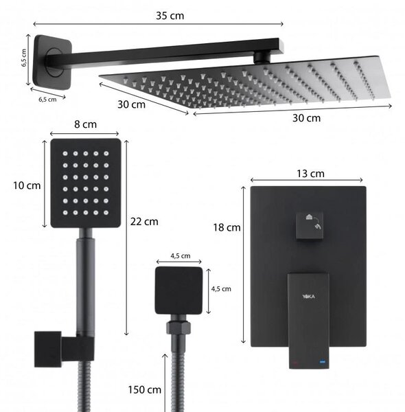 Erga Dual, set de duș ascuns cu cap de ploaie 30x30 cm, sistem de instalare i-BOX, negru mat, ERG-YKA-BP.DUAL30-BLK