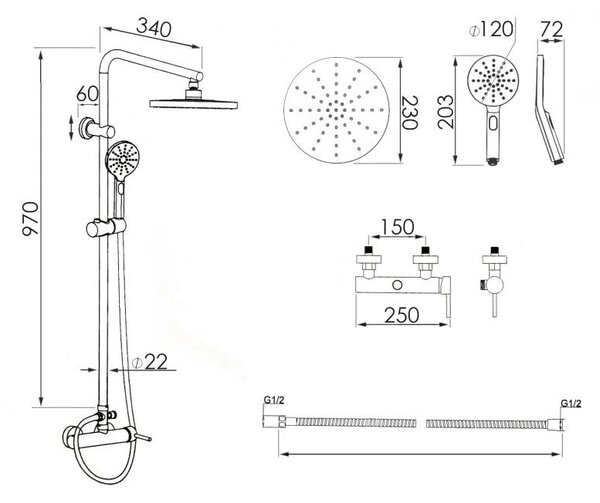 Erga Dubai, set de dus cu robinet cu maneta si cap de ploaie 23 cm, auriu lucios, ERG-YKA-BP.DUBAJ23-GLD