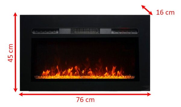 Semineu incorporat 3D ElectricSun PAULA GLASS negru XXS, pe perete, podea sau incorporabil, 3 culori, L76xH45cm