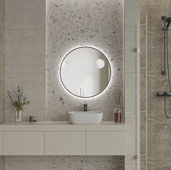 Erga Emma, ​​oglindă LED rotundă 70cm, cadru metalic negru, 1610 lm, 6500K, iluminare din spate, ERG-V01-201-7070-BK