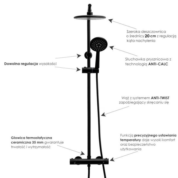 Erga Enza, set de dus cu robinet termostatic si cap de ploaie 20cm, negru mat, ERG-YKA-BP.ENZA20-BLK