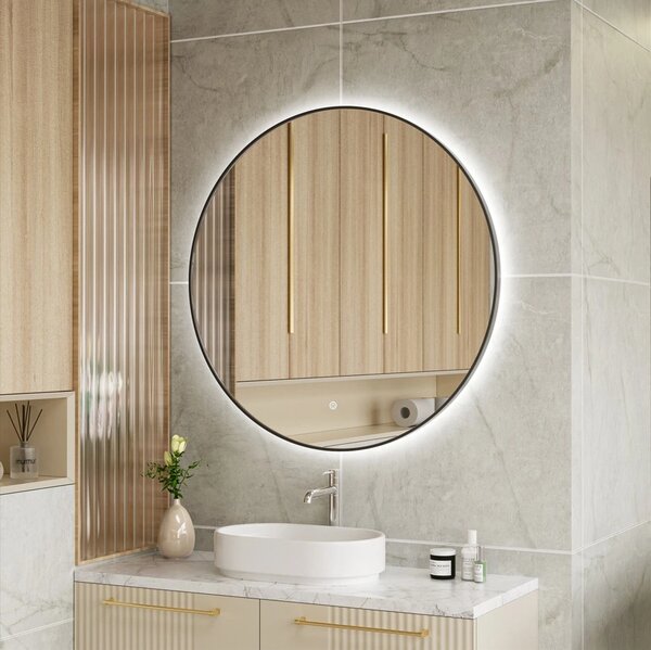 Erga Emma, ​​oglinda LED rotunda 90cm, cadru metalic negru, 2070 lm, 6500K, iluminare din spate, ERG-V01-201-9090-BK