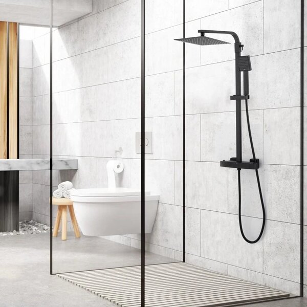 Erga Goba, set de dus cu baterie termostatica si cap de ploaie 25x25cm, negru mat, ERG-YKA-BP.GOBA-THERM-25-BLK