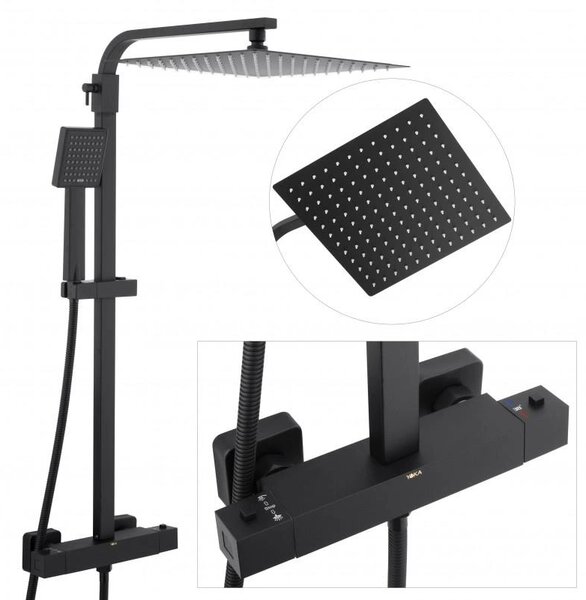 Erga Goba, set de dus cu robinet termostatic si cap de ploaie 30x30 cm, negru mat, ERG-YKA-BP.GOBA-THERM-30-BLK