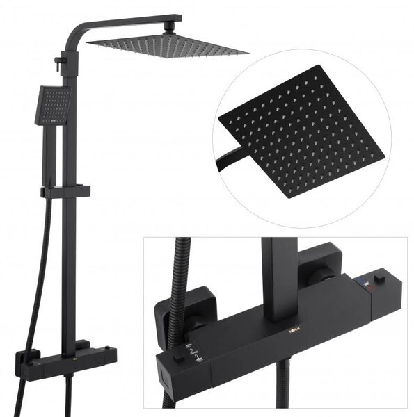 Erga Goba, set de dus cu baterie termostatica si cap de ploaie 25x25cm, negru mat, ERG-YKA-BP.GOBA-THERM-25-BLK