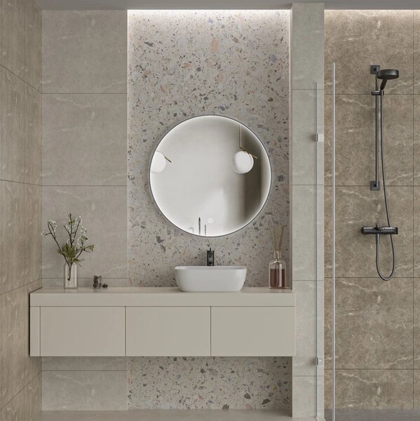 Erga Charlotte, oglinda rotunda cu LED 80cm, cadru metalic negru, 1840 lm, 6500K, iluminare laterala fata, ERG-V01-204-8080-BK