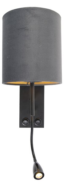 Lampă de perete Art Deco neagră cu abajur din catifea gri închis - Stacca