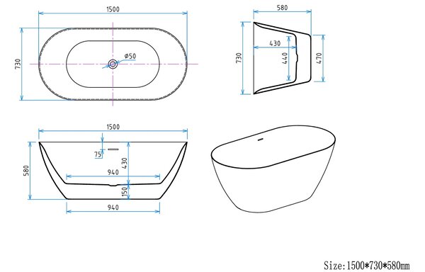 Erga Kaia, cada de sine statatoare 150x73 cm + dop de scurgere, alb lucios, ERG-Kaia-150073-WH-WH