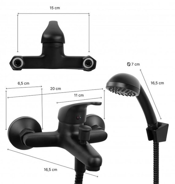 Erga Lati, baterie de baie montată pe perete cu set de duș manual, negru mat, ERG-YKA-BW.LATI-BLK