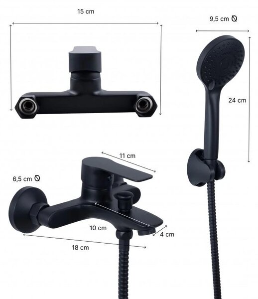 Erga Korfu, baterie de baie montată pe perete cu set de duș manual, negru mat, ERG-YKA-BW.KORFU-BLK