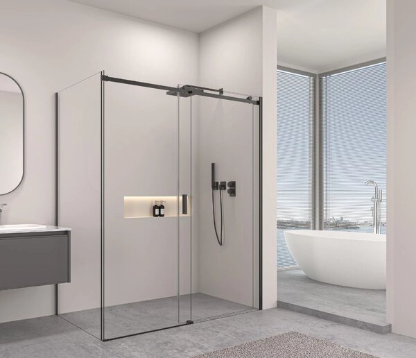 Erga Lynn, cabină de duș cu ușă glisantă 90 (uşă) x 100 (perete) x 195 cm, sticlă transparentă de 8 mm, profil negru, ERG-V02-LYNN-D090G100-CL-BK