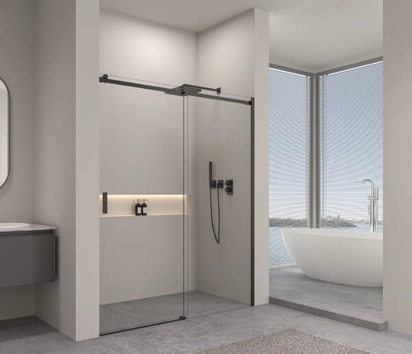 Erga Lynn, usa de dus culisanta in deschidere 90x195 cm, sticla transparenta de 8 mm, profil negru, ERG-V02-LYNN-D090-CL-BK