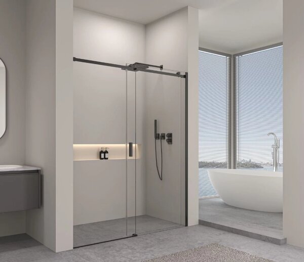 Erga Lynn, usa de dus culisanta in deschidere 90x195 cm, sticla transparenta de 8 mm, profil negru, ERG-V02-LYNN-D090-CL-BK