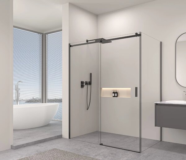 Erga Lynn, cabină de duș cu ușă glisantă 90 (uşă) x 100 (perete) x 195 cm, sticlă transparentă de 8 mm, profil negru, ERG-V02-LYNN-D090G100-CL-BK