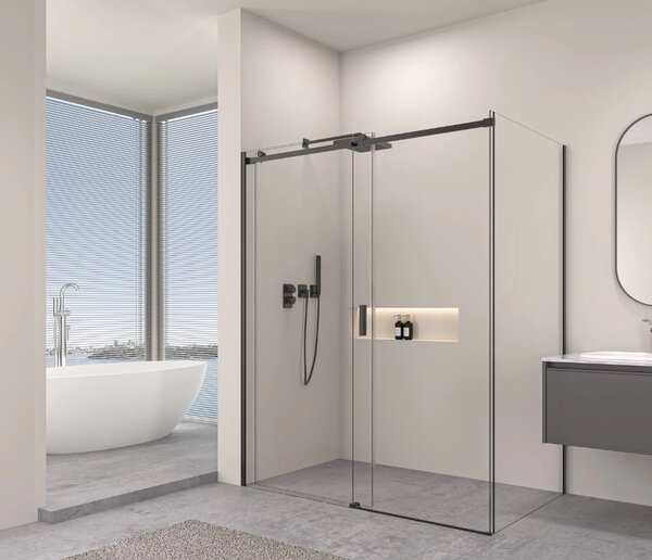 Erga Lynn, cabină de duș cu ușă glisantă 90 (uşă) x 100 (perete) x 195 cm, sticlă transparentă de 8 mm, profil negru, ERG-V02-LYNN-D090G100-CL-BK