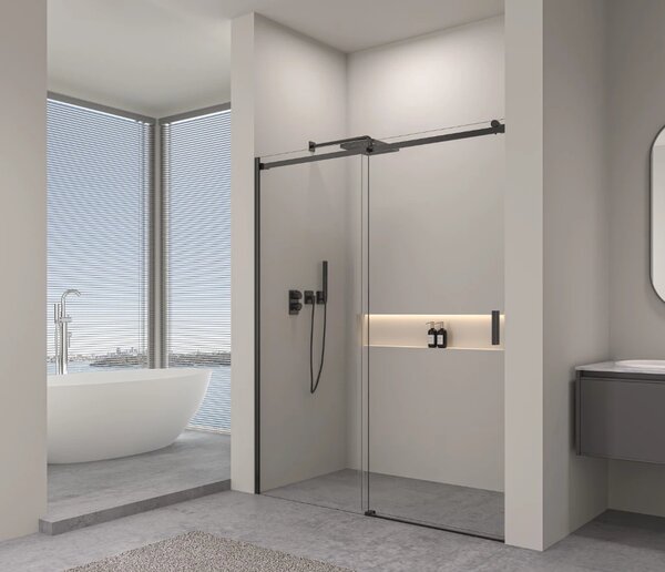 Erga Lynn, usa de dus culisanta in deschidere 90x195 cm, sticla transparenta de 8 mm, profil negru, ERG-V02-LYNN-D090-CL-BK