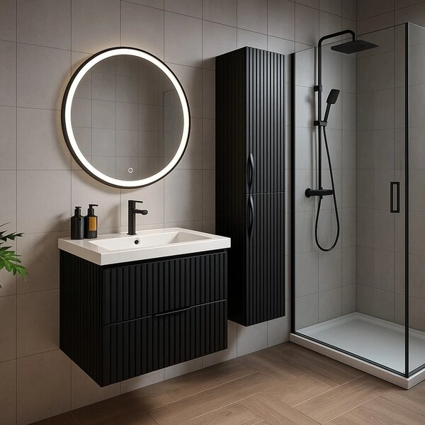 Erga Olivia, oglinda LED rotunda 60cm, cadru metalic negru, 1380 lm, 6500K, iluminare fata, ERG-V01-202-6060-BK