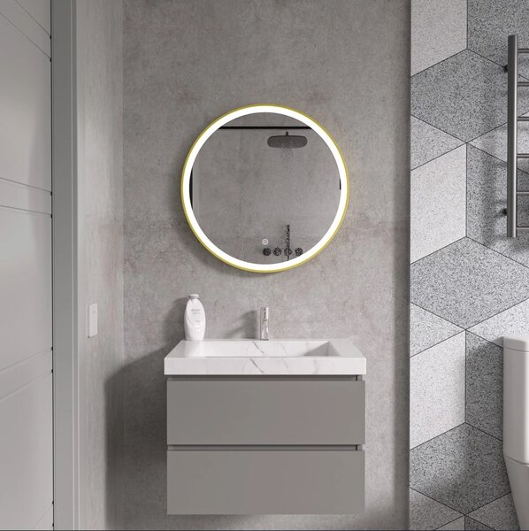 Erga Olivia, oglinda LED rotunda 60cm, cadru metalic auriu, 1380 lm, 6500K, iluminare fata, ERG-V01-202-6060-GD