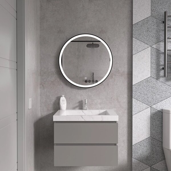 Erga Olivia, oglinda LED rotunda 60cm, cadru metalic negru, 1380 lm, 6500K, iluminare fata, ERG-V01-202-6060-BK