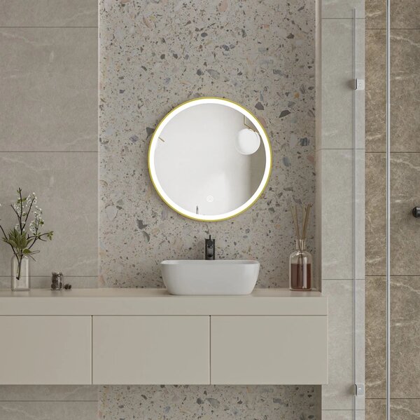 Erga Olivia, oglinda LED rotunda 60cm, cadru metalic auriu, 1380 lm, 6500K, iluminare fata, ERG-V01-202-6060-GD
