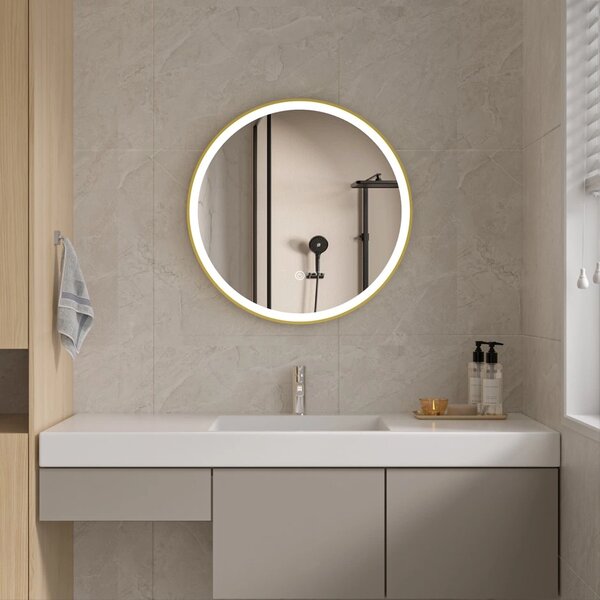 Erga Olivia, oglinda LED rotunda 60cm, cadru metalic auriu, 1380 lm, 6500K, iluminare fata, ERG-V01-202-6060-GD