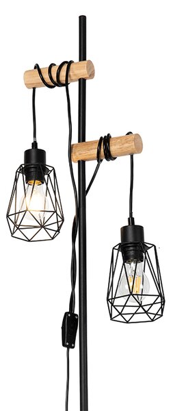Lampă de podea rustică neagră cu lemn 2 lumini cu abajur - Dami Frame